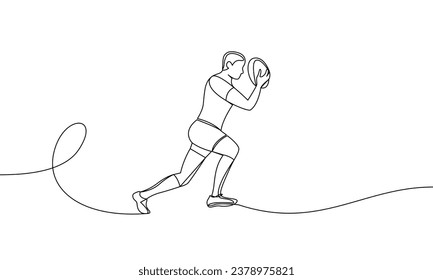 Continuous line drawing of a rugby athlete with a ball. Rugby Sevens. One line drawing vector illustration