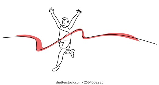 Continuous line drawing of a runner crossing the finish line, symbolizing success and dedication in sports. Minimalist design for healthy living. Vector illustration hand drawn.