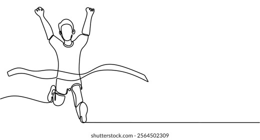 Continuous line drawing of a runner crossing the finish line, showcasing triumph in sports and personal success. Minimalist design for healthy living. Vector illustration hand drawn.