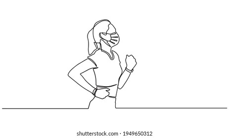 Continuous line drawing of running athlete woman wearing face mask. Sportswoman wearing protective face mask while running outdoors during COVID-19 epidemic. Woman jogging. 