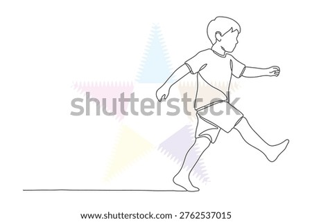 Continuous Line Drawing of a Running Child with Abstract Watercolor Background, Hand-Drawn Illustration for Kids and Playful Designs