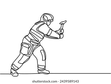 dibujo de línea continua de bombero en marcha con martillo de hacha.