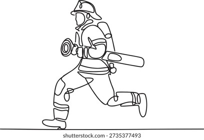 Kontinuierliche Linienzeichnung des laufenden Feuerwehrfahrzeugs. Einzeiliger Teil des Nothelfers. Feuerwehrmann, der Feuerwehrschlauch und Axt hält. Handgezeichnete Skizze der professionellen Rettungsdienste. Minimalistische Illustration eines heldenhaften Individuums. Ein einzeiliges Konzept, mutig in Szene zu rasten. Grafische Gestaltung von einfachen Feuerwehrmann-Symbol. Ästhetische Zeichnung eines Rettungsmanns.