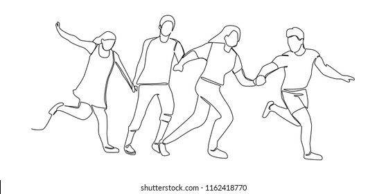 Continuous Line Drawing Running Happy People. One Line Characters Silhouette Man and Woman. Vector illustration