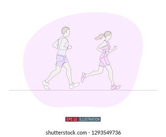 Continuous line drawing of running man and woman. Template for your design. Vector illustration.