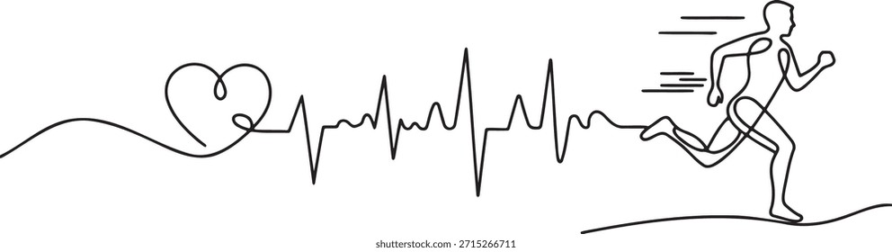 Dibujo de línea continua de hombre corriendo con forma de corazón y gráfico de ecg. Ilustración de arte de línea única de corredor saludable y monitoreo de latidos del corazón. Concepto para ejercicio cardiovascular, fitness y conciencia médica. Abstractas antecedentes deportivos y de salud.