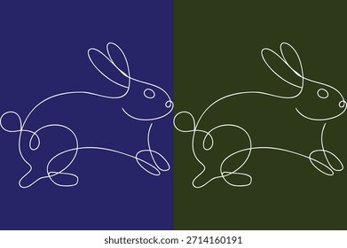 Desenho de linha contínua de coelhos de corrida em fundos azuis e verdes