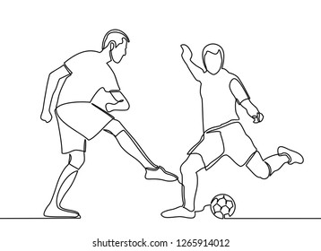 continuous line drawing of Running Soccer Football Players. Footballers Kicking Football Match game. vector
