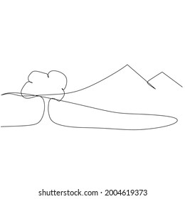 Dibujo continuo del paisaje rural, señalización de montaña, objeto de una línea, arte de una sola línea, ilustración vectorial