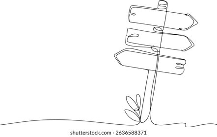 Continuous line drawing of rustic signpost with directional arrows and plant in minimalist black and white illustration

