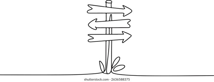 Continuous line drawing of rustic signpost with directional arrows and plant in minimalist black and white illustration

