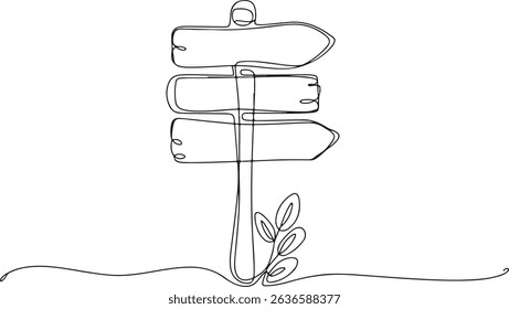 Continuous line drawing of rustic signpost with directional arrows and plant in minimalist black and white illustration

