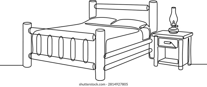 A continuous line drawing of a rustic wooden bed frame with a matching nightstand and a small lamp on top.