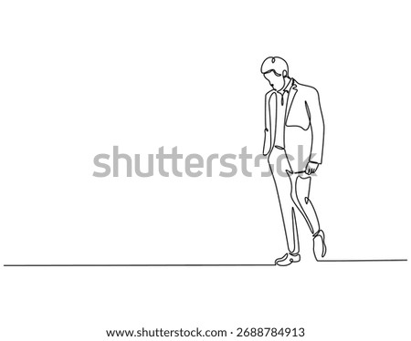 Continuous line drawing of sad businessman. Single line illustration of businessman depressed. Work trouble concept. Editable outline