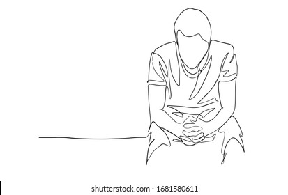 Continuous line drawing of sad man sitting. Vector illustration. continuous line drawing of confused man vector illustration. one line drawing of thinking man. businessman stressing out