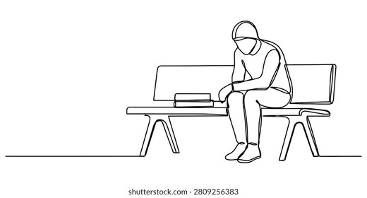Continuous line drawing of a sad man sitting alone on a bench waiting for someone Vector, illustration