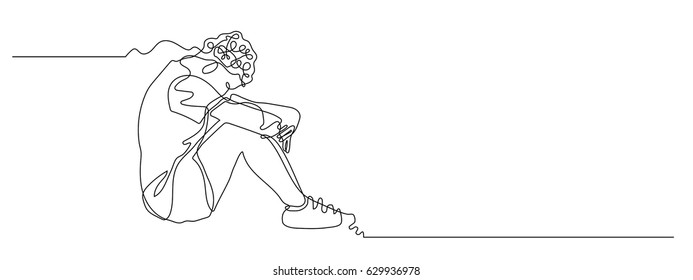 continuous line drawing of sad man hugs his knee on white background