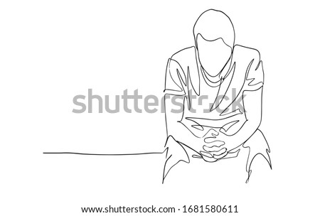 Continuous line drawing of sad man sitting. Vector illustration. continuous line drawing of confused man vector illustration. one line drawing of thinking man. businessman stressing out