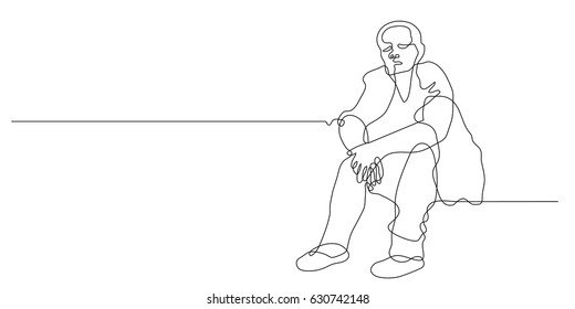 continuous line drawing  sad old man hugs his knee white background