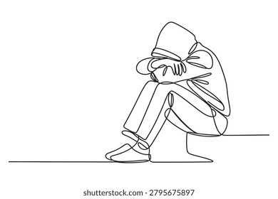 Continuous line drawing of a sad person sitting alone with head bowed depression loneliness isolated struggle melancholy solitude desolate solitary minimalist monochrome mourning suffering