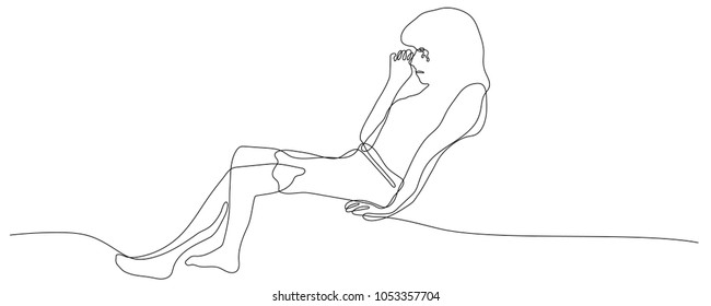 continuous line drawing of sad young woman with problems crying
