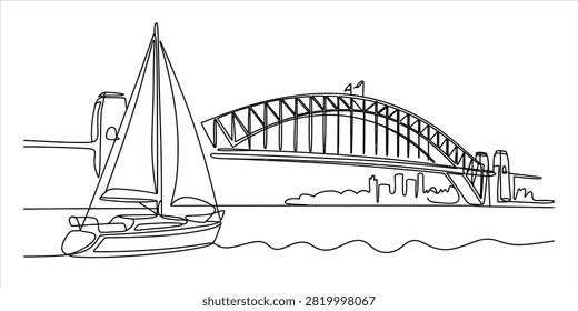 Continuous line drawing of a sailboat and bridge. Minimalist harbor landscape art sketch.