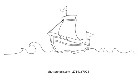 Continuous line drawing of a sailboat gliding over waves. One line drawing symbolizing adventure, travel, freedom, and a calm maritime atmosphere.
