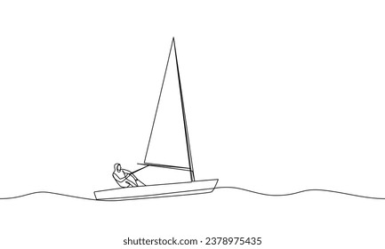 Continuous line drawing of a sailboat on the waves. Sailing. Vector line art illustration, outline