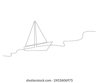 Continuous line drawing of sailboat. One line of sailboat. Sailboat for vacation concept continuous line art. Editable outline.   