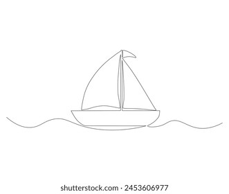 Continuous line drawing of sailboat. One line of sailboat. Sailboat for vacation concept continuous line art. Editable outline.   