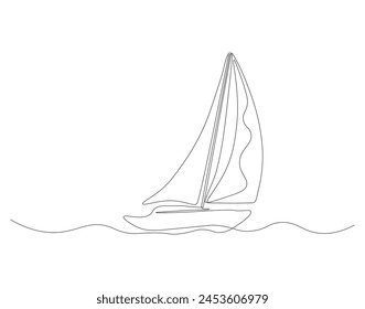 Dibujo de línea continua de velero. Una línea de velero. Barco de vela para vacaciones concepto de arte de línea continua.   