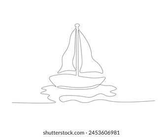 Continuous line drawing of sailboat. One line of sailboat. Sailboat for vacation concept continuous line art. Editable outline.   