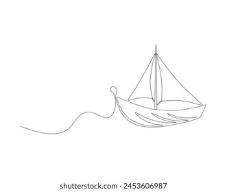 Continuous line drawing of sailboat. One line of sailboat. Sailboat for vacation concept continuous line art. Editable outline.   