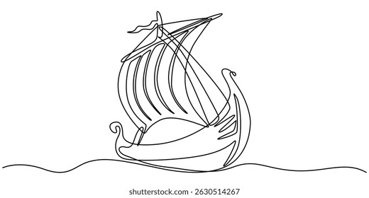 continuous line drawing of sailboat. one line vector icon of ship, sailboat. vector illustration, Sailboat continuous one line icon drawing on white background, Simple illustration of a sailboat.