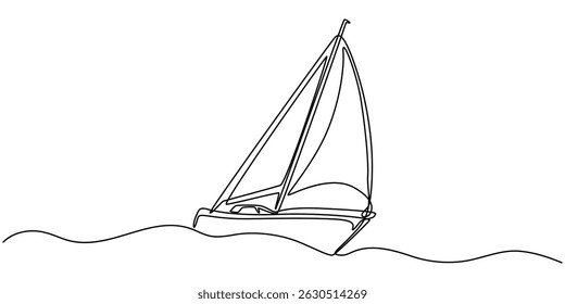 continuous line drawing of sailboat. one line vector icon of ship, sailboat. vector illustration, Sailboat continuous one line icon drawing on white background, Simple illustration of a sailboat.