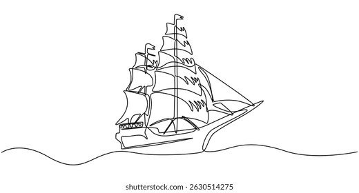 continuous line drawing of sailboat. one line vector icon of ship, sailboat. vector illustration, Sailboat continuous one line icon drawing on white background, Simple illustration of a sailboat.