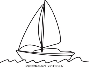 continuous line drawing of a sailboat with a single sail floating on gentle waves in black and white silhouette style