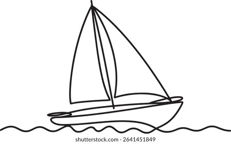 continuous line drawing of a sailboat with a single sail floating on gentle waves in black and white silhouette style