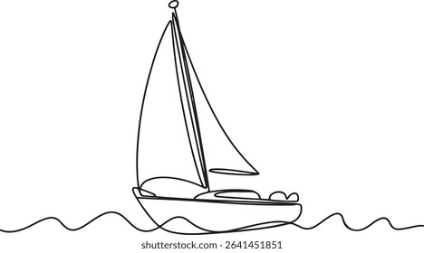 continuous line drawing of a sailboat with a single sail floating on gentle waves in black and white silhouette style