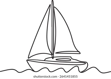 continuous line drawing of a sailboat with a single sail floating on gentle waves in black and white silhouette style