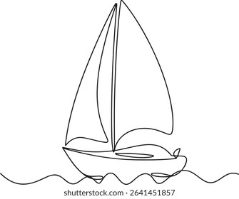 continuous line drawing of a sailboat with a single sail floating on gentle waves in black and white silhouette style