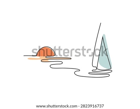Continuous line drawing of sailboat at sunset. Drawn by hand vector illustration for tourism isolated on white.