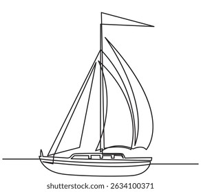 Continuous line drawing of a sailboat vector.single line Travel and journey boat illustration. Traveling and summer season concept. isolated on a white background.