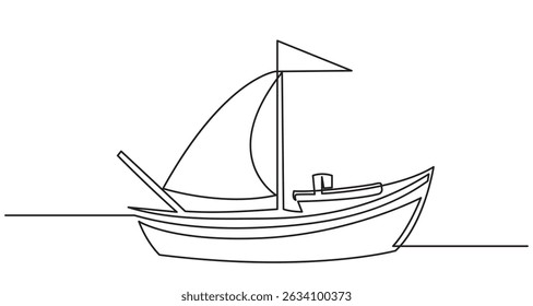 Continuous line drawing of a sailboat vector.single line Travel and journey boat illustration. Traveling and summer season concept. isolated on a white background.