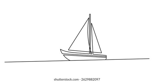 Continuous line drawing of sailboat or yacht one line drawing outline vector art illustration, single line drawing of sailboat. Business icon. Vector illustration
