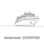 Continuous line drawing of sailing cruise ship. Single line illustration of cruise ship. International maritime day, World oceans day concept. Editable outline