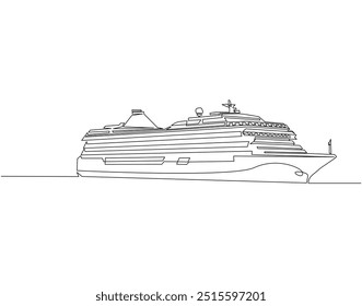 Dibujo de línea continuo de crucero de vela. Ilustración de una sola línea de crucero. Día marítimo internacional, concepto del Día Mundial de los Océanos. Esquema editable