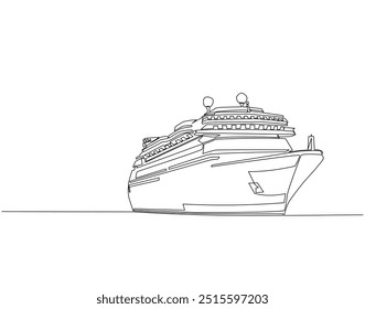 Continuous line drawing of sailing cruise ship. Single line illustration of cruise ship. International maritime day, World oceans day concept. Editable outline