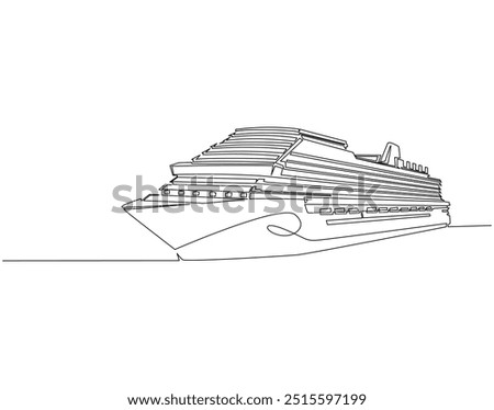 Continuous line drawing of sailing cruise ship. Single line illustration of cruise ship. International maritime day, World oceans day concept. Editable outline