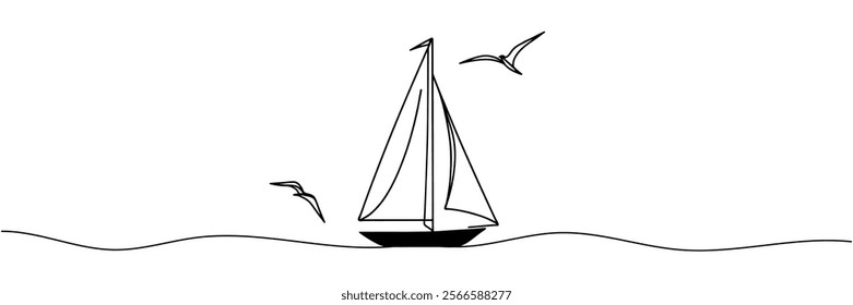 Continuous line drawing of sailing vessel. Vector illustration.